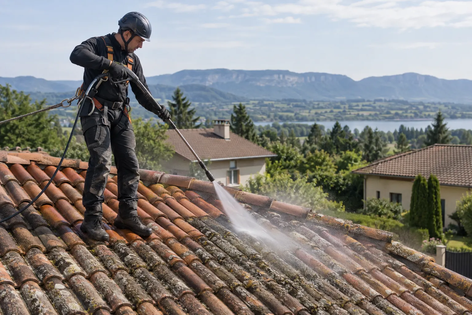 Professionnel nettoyant des tuiles en terre cuite avec un nettoyeur haute pression